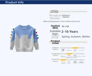 Detail of color-block knit sweater with dinosaur fin sleeve and soft cotton material specs