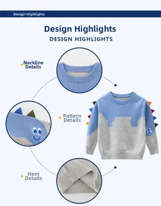 Detailed view of the crew neck, cartoon print, and ribbed hem of a blue knit sweater