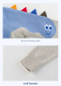 Detail of dinosaur applique and ribbed cuff on gray knitted sweater for boys