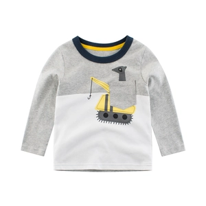Boys Long Sleeve T-Shirt Pure Cotton Cartoon Excavator Print Color Block Crew Neck Casual Soft Tops For Toddler Kids