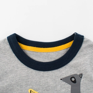 Boys long sleeve gray knit T-shirt with blue crew neck and cartoon animal pattern