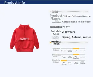 Detail specifications of children's red fleece sweatshirt with CARRY text on cotton fabric