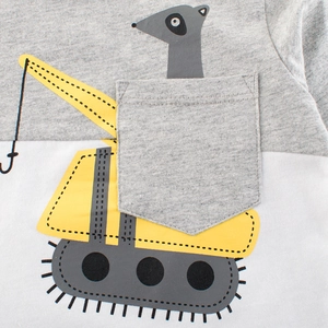Boys long sleeve tee with grey color block and yellow excavator cartoon print