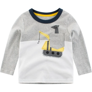Boys long sleeve t-shirt with grey white stripes and yellow crane cartoon design
