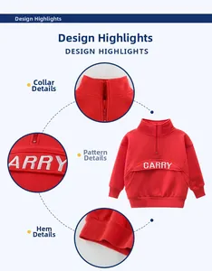 Detail of red kids sweatshirt featuring white CARRY embroidery and half-zip collar