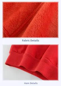 Detail of red fleece lining and elastic ribbed hem on kids hooded sweatshirt
