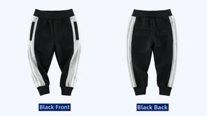 Vue avant et arrière du jogging noir pour garçon avec bandes grises et taille élastique