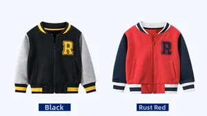 Detailed comparison of kids' varsity jackets in black and rust red with R embroidery