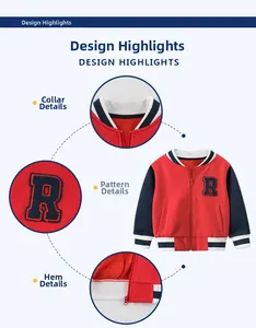 Detail view of kids baseball jacket showing R-letter embroidery and striped ribbed cuffs