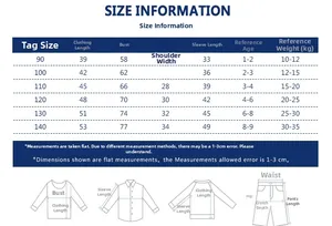 Tableau détaillé des tailles pour t-shirts à col roulé enfants de 1 à 9 ans avec mesures