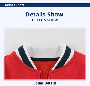 Close-up of red fleece jacket ribbed collar with navy stripes and metal zipper