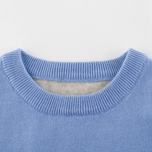 Sky blue knitted cotton sweater for boys with ribbed round neckline and gray inner lining