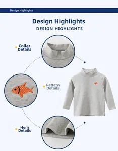 Vue détaillée du col roulé gris pour enfant avec broderie de poisson orange et maille