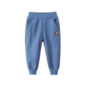 Pantaloni sportivi blu per bambini foderati in pile con ricamo escavatore
