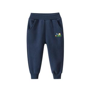 Pantaloni sportivi per bambini in pile blu navy con ricamo a forma di escavatore