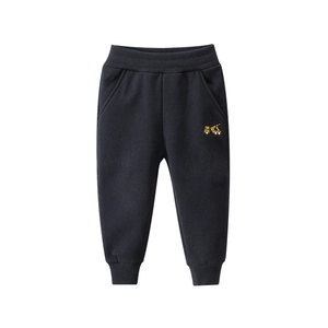 Pantaloni joggers neri per bambini foderati in pile con ricamo di gru gialla