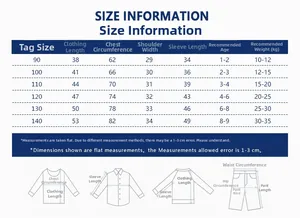 Tabella taglie dettagliata per felpe e set di abbigliamento per bambini da 1 a 9 anni
