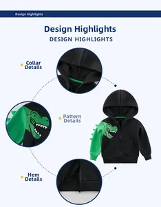 Dettaglio felpa con cappuccio dinosauro da bambino con zip e pinne 3D sul retro