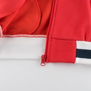 Kids red fleece zip-up hoodie featuring sporty tricolor striped ribbed hem detail