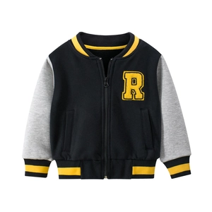 Kids color-block baseball jacket in black and grey with yellow R patch embroidery