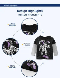 Detail view of cotton long sleeve t-shirt with astronaut print and ribbed neckline