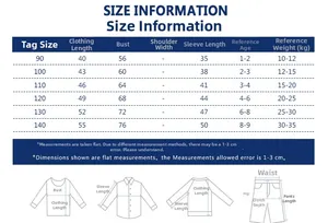 Tableau des tailles pour t-shirts enfants avec mesures de longueur et de poitrine