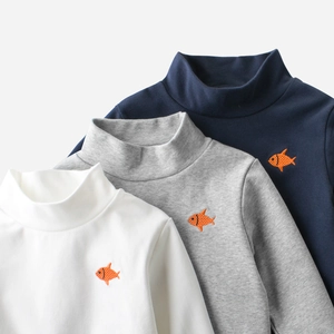 T-Shirt À Col Roulé Pour Enfants Manches Longues Coton Maillot De Corps Doux Avec Broderie Poisson Style Coréen Pour Garçons Filles