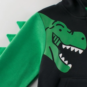 Felpa con cappuccio dinosauro per bambini nera e verde con punte 3D e stampa T-Rex