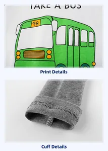 Détails de l'imprimé bus et des coutures du poignet sur le t-shirt en coton pour enfant