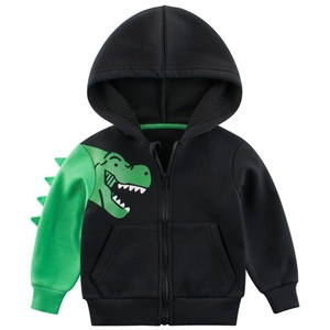 Felpa con cappuccio nera per bambini con motivo a dinosauro verde e cerniera anteriore