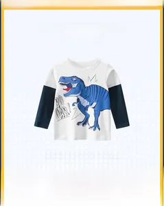 Detail of boys long sleeve t-shirt with raglan sleeves and blue dinosaur print