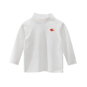 T-shirt blanc à col roulé pour enfant en coton avec broderie poisson orange