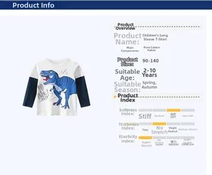 Detail of boys cotton long sleeve T-shirt with blue dinosaur print and contrast sleeves