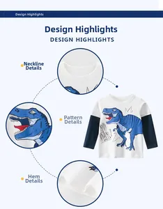 Detail view of boys' long-sleeve dinosaur T-shirt with neckline and print close-ups