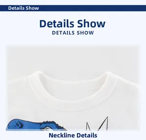 Close-up of the comfortable round neckline on the white cotton long sleeve dinosaur t-shirt