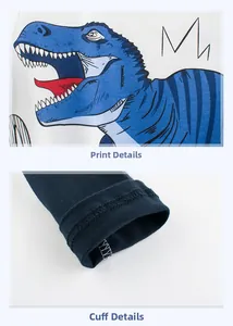 Detailed close-up of blue dinosaur print and ribbed cuffs on cotton children's t-shirt