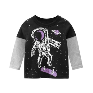 Boys Long Sleeve T-Shirt Cotton Space Astronaut Skateboard Print Layered Style Crew Neck Casual Kids Top