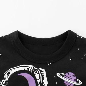 Boys' black long-sleeve cotton T-shirt featuring cartoon astronaut and space print