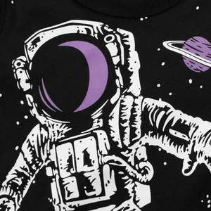 Boys black long sleeve t-shirt featuring astronaut and purple planet space print