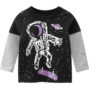 Toddler boy long sleeve tee with astronaut print and gray sleeves in fake two-piece style