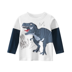 Boys Long Sleeve T-Shirt Pure Cotton Cartoon Dinosaur Print Raglan Spliced Sleeve Crew Neck Casual Top Kids