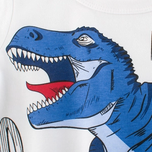 White cotton t-shirt for boys featuring a detailed blue cartoon T-Rex dinosaur print