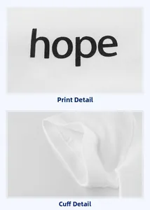 Detail of hope letter print and neat cuff stitching on a white cotton kids T-shirt