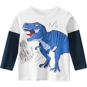 Kids long sleeve t-shirt with dinosaur print and contrast navy sleeves for boys