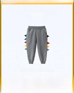 Dettaglio dei pantaloni jogger grigi per bambini con pinne di dinosauro colorate laterali