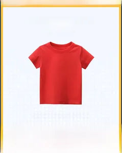 Close-up of solid red cotton short sleeve T-shirt for kids with soft round neck detail