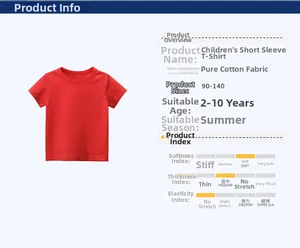 Detail view of red 100% cotton kids t-shirt with fabric softness and size specifications