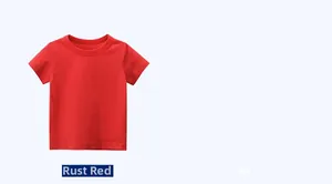 Detail view of the rust red cotton fabric and neat crew neck on a plain kids t-shirt