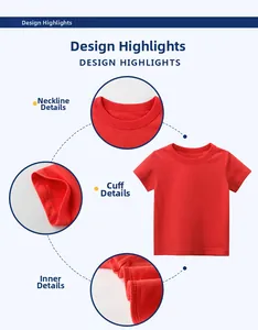 Detail view of red kids T-shirt neckline, sleeve cuffs, and durable inner stitching