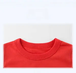 Close-up of red cotton T-shirt neckline with ribbed texture and double stitching
